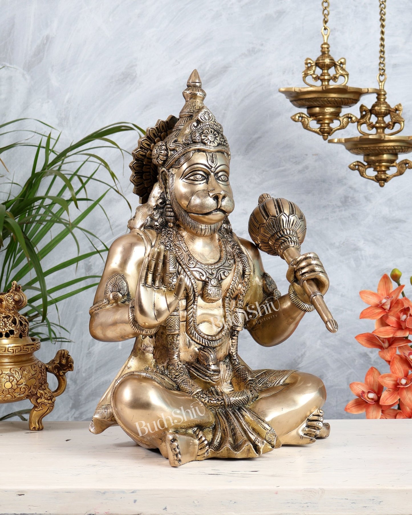 Large Brass Lord Hanuman Blessing Pose Statue | Cross - Legged Bajrangbali Idol 16" - Budhshiv.com