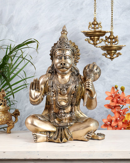 Large Brass Lord Hanuman Blessing Pose Statue | Cross - Legged Bajrangbali Idol 16" - Budhshiv.com