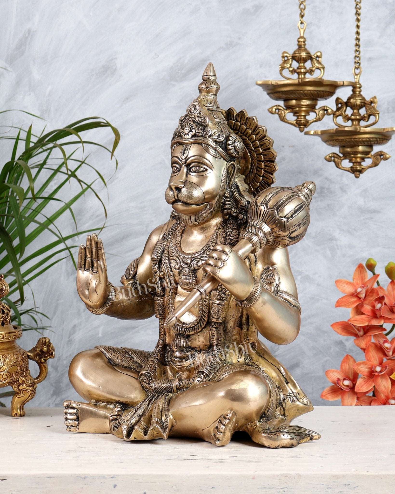 Large Brass Lord Hanuman Blessing Pose Statue | Cross - Legged Bajrangbali Idol 16" - Budhshiv.com