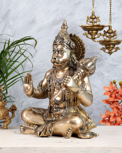 Large Brass Lord Hanuman Blessing Pose Statue | Cross - Legged Bajrangbali Idol 16" - Budhshiv.com