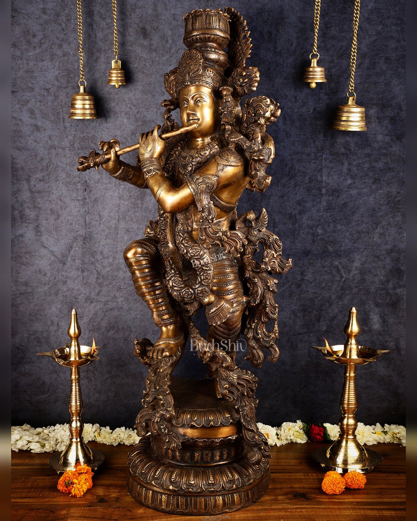 Large brass Lord Krishna Statue - 46 inch - Budhshiv.com