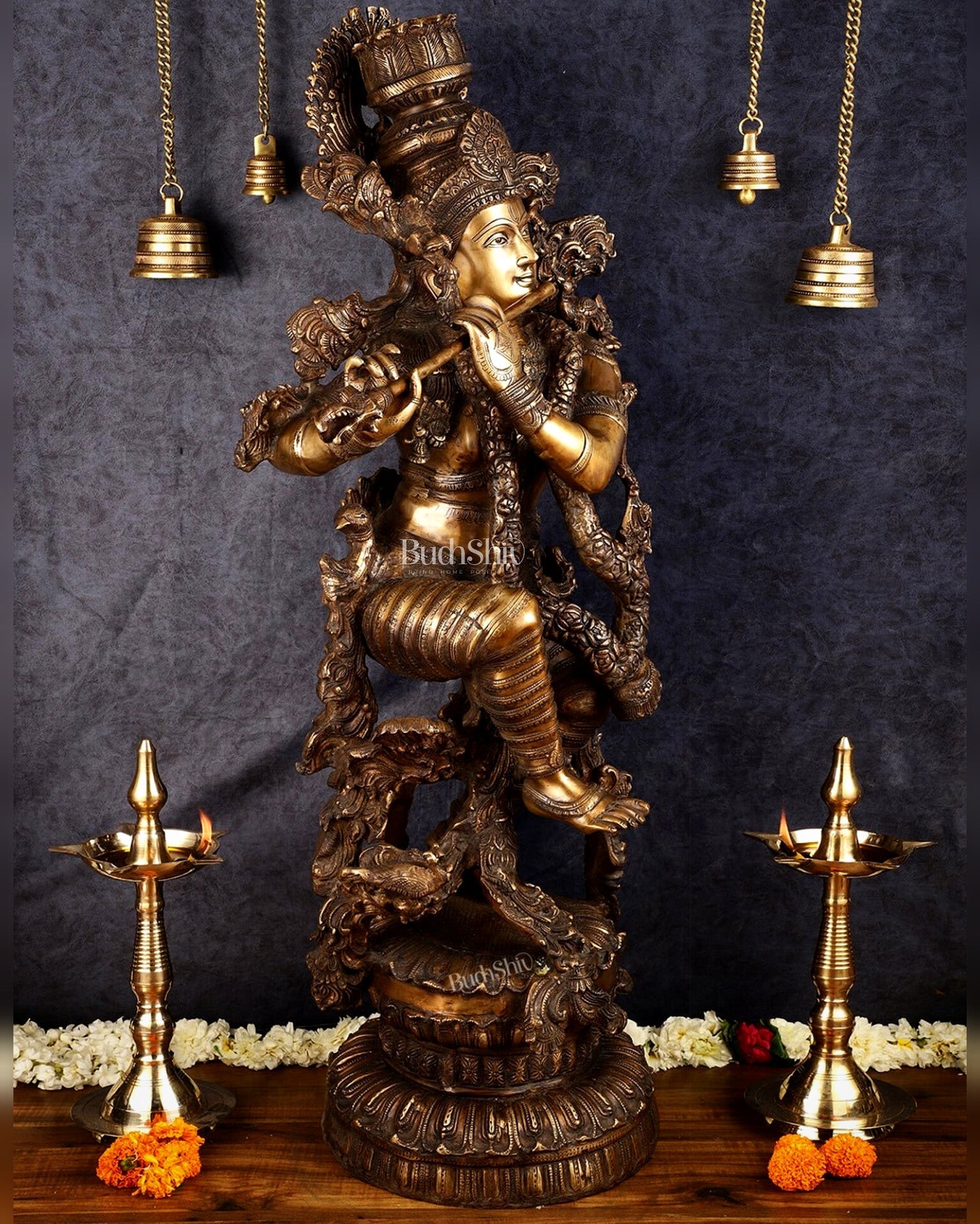 Large brass Lord Krishna Statue - 46 inch - Budhshiv.com
