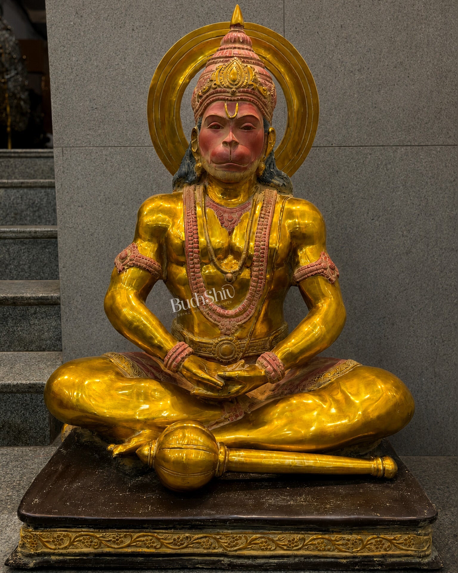 Large Brass Meditation Hanuman Statue – Skin Tone Face with Bright Gold Highlights 46 inch - Budhshiv.com