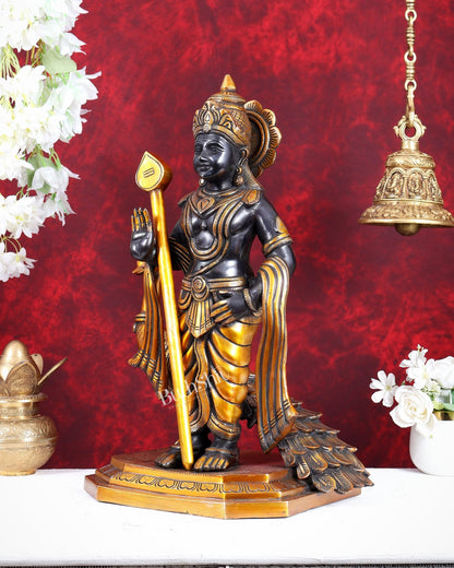 Large Brass Murugan Swamy with Peacock Idol – Black & Golden Finish Highly Detailed Lord Kartikeya Statue (20.5 Inch) - Budhshiv.com