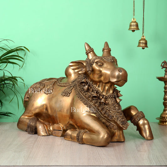 Large Brass Nandi Sculpture – Majestic Temple Design 25 inch antique tone - Budhshiv.com