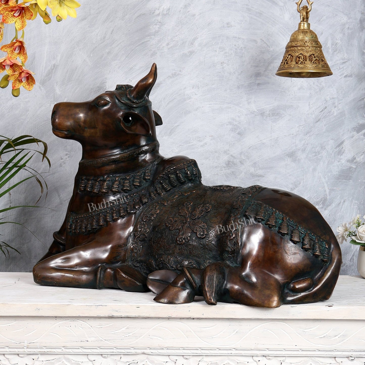 Large Brass Nandi Statue 35 inch Antique bronze tone - Budhshiv.com