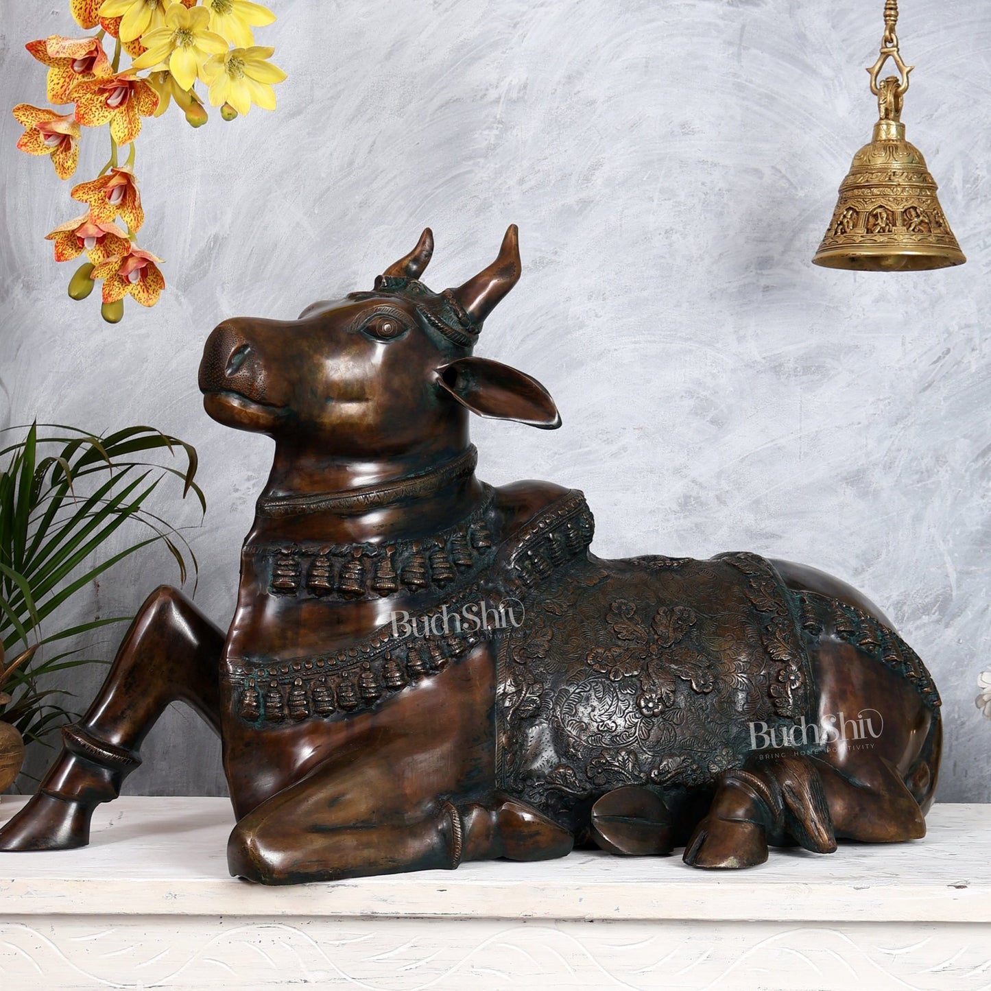 Large Brass Nandi Statue 35 inch Antique bronze tone - Budhshiv.com