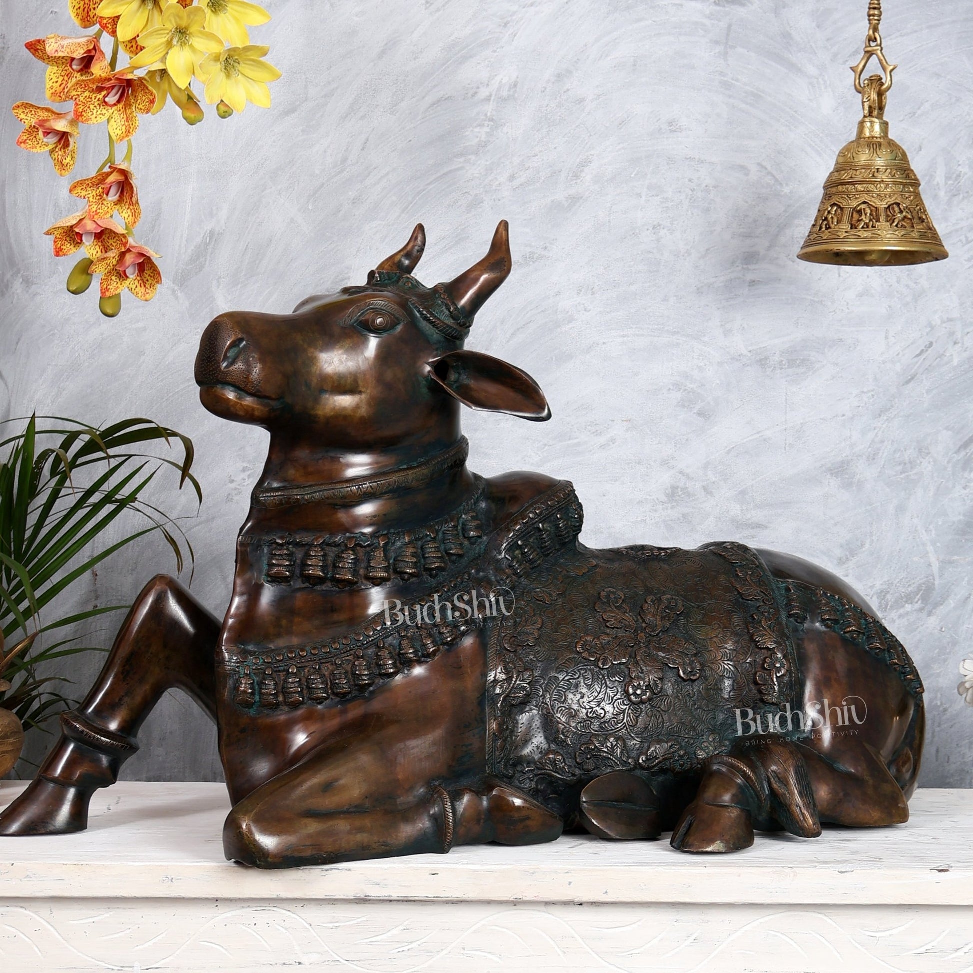 Large Brass Nandi Statue 35 inch Antique bronze tone - Budhshiv.com
