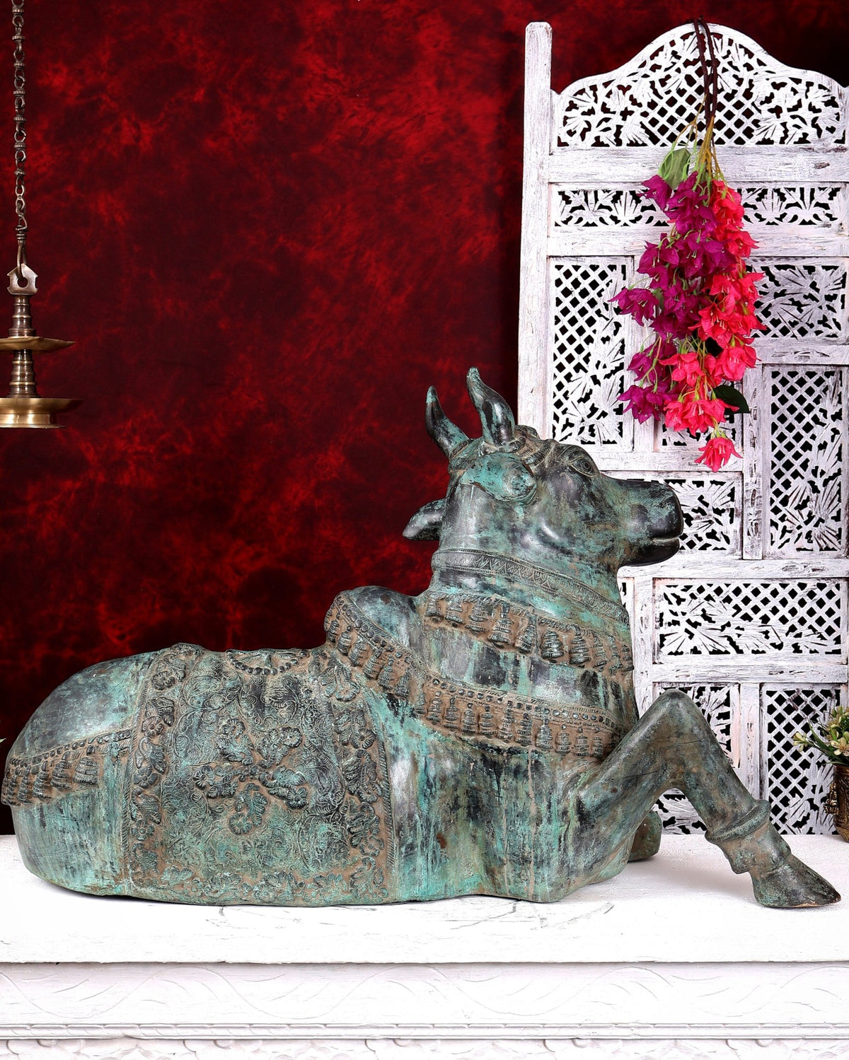 Large Brass Nandi Statue 35 inch Rustic Green Patina - Budhshiv.com