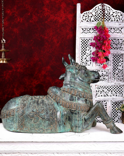 Large Brass Nandi Statue 35 inch Rustic Green Patina - Budhshiv.com