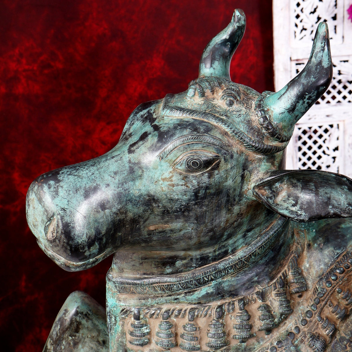 Large Brass Nandi Statue 35 inch Rustic Green Patina - Budhshiv.com
