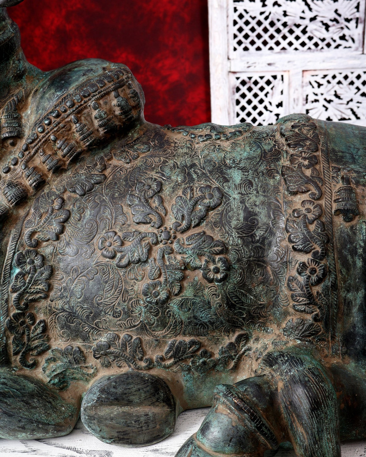 Large Brass Nandi Statue 35 inch Rustic Green Patina - Budhshiv.com