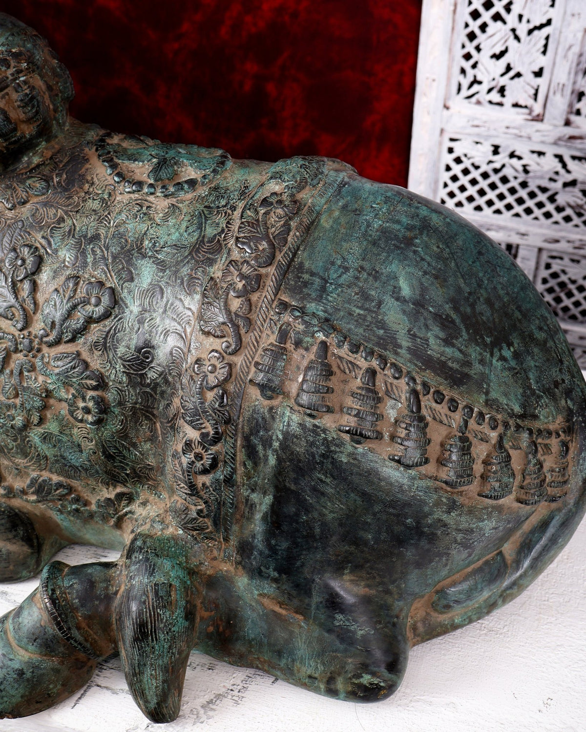 Large Brass Nandi Statue 35 inch Rustic Green Patina - Budhshiv.com