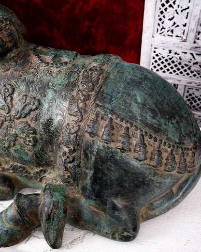 Large Brass Nandi Statue 35 inch Rustic Green Patina - Budhshiv.com