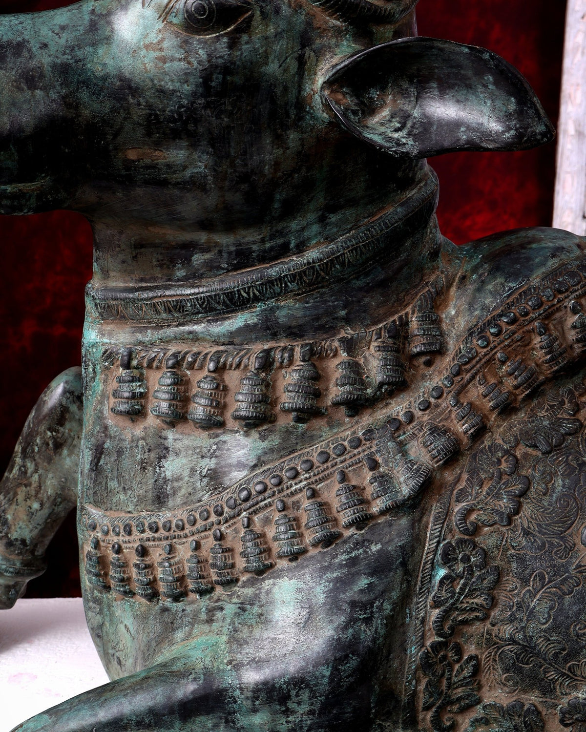 Large Brass Nandi Statue 35 inch Rustic Green Patina - Budhshiv.com