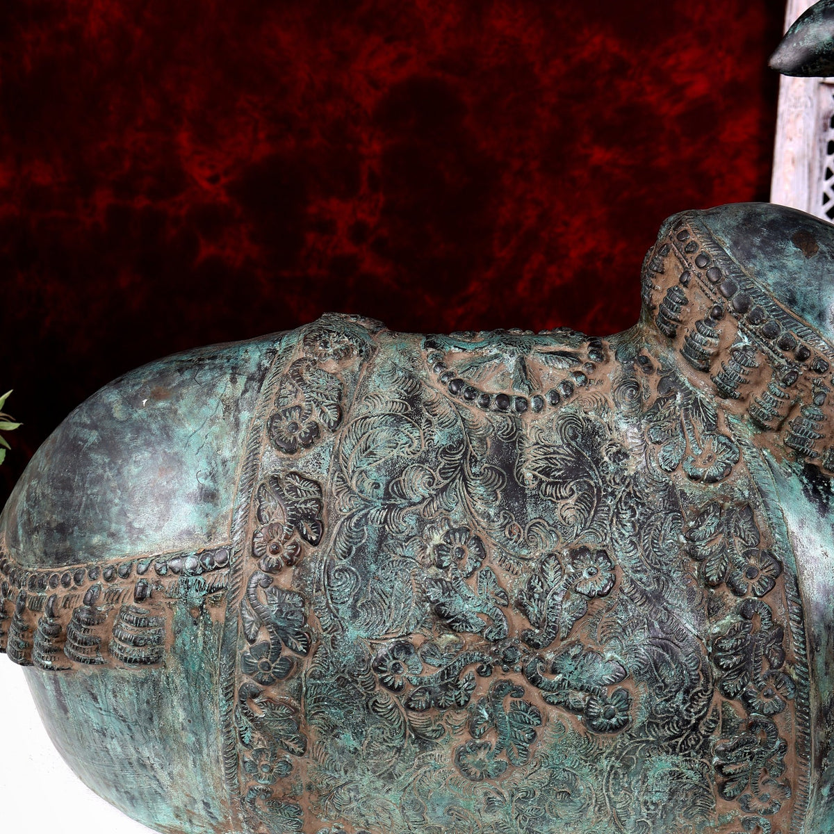 Large Brass Nandi Statue 35 inch Rustic Green Patina - Budhshiv.com