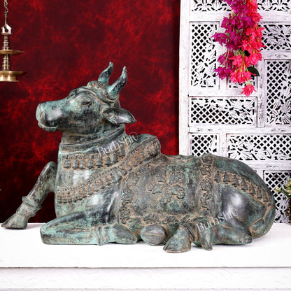 Large Brass Nandi Statue 35 inch Rustic Green Patina - Budhshiv.com