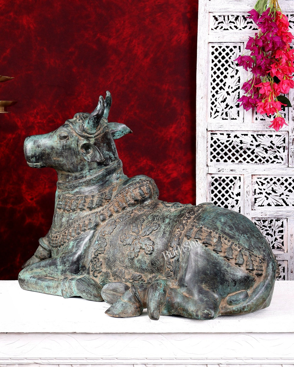 Large Brass Nandi Statue 35 inch Rustic Green Patina - Budhshiv.com