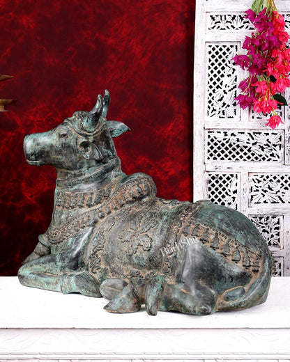 Large Brass Nandi Statue 35 inch Rustic Green Patina - Budhshiv.com