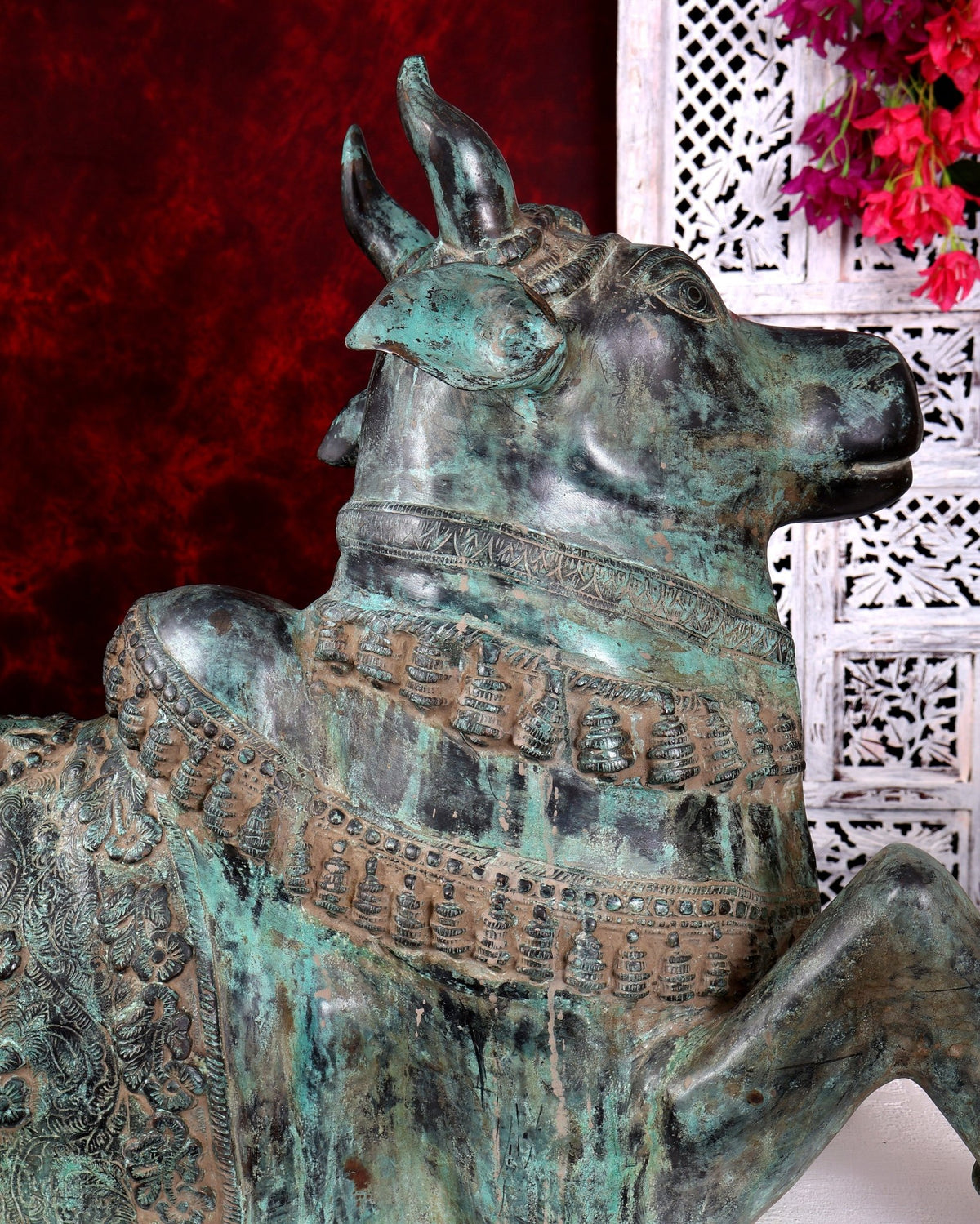 Large Brass Nandi Statue 35 inch Rustic Green Patina - Budhshiv.com