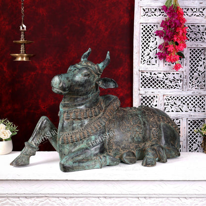 Large Brass Nandi Statue 35 inch Rustic Green Patina - Budhshiv.com