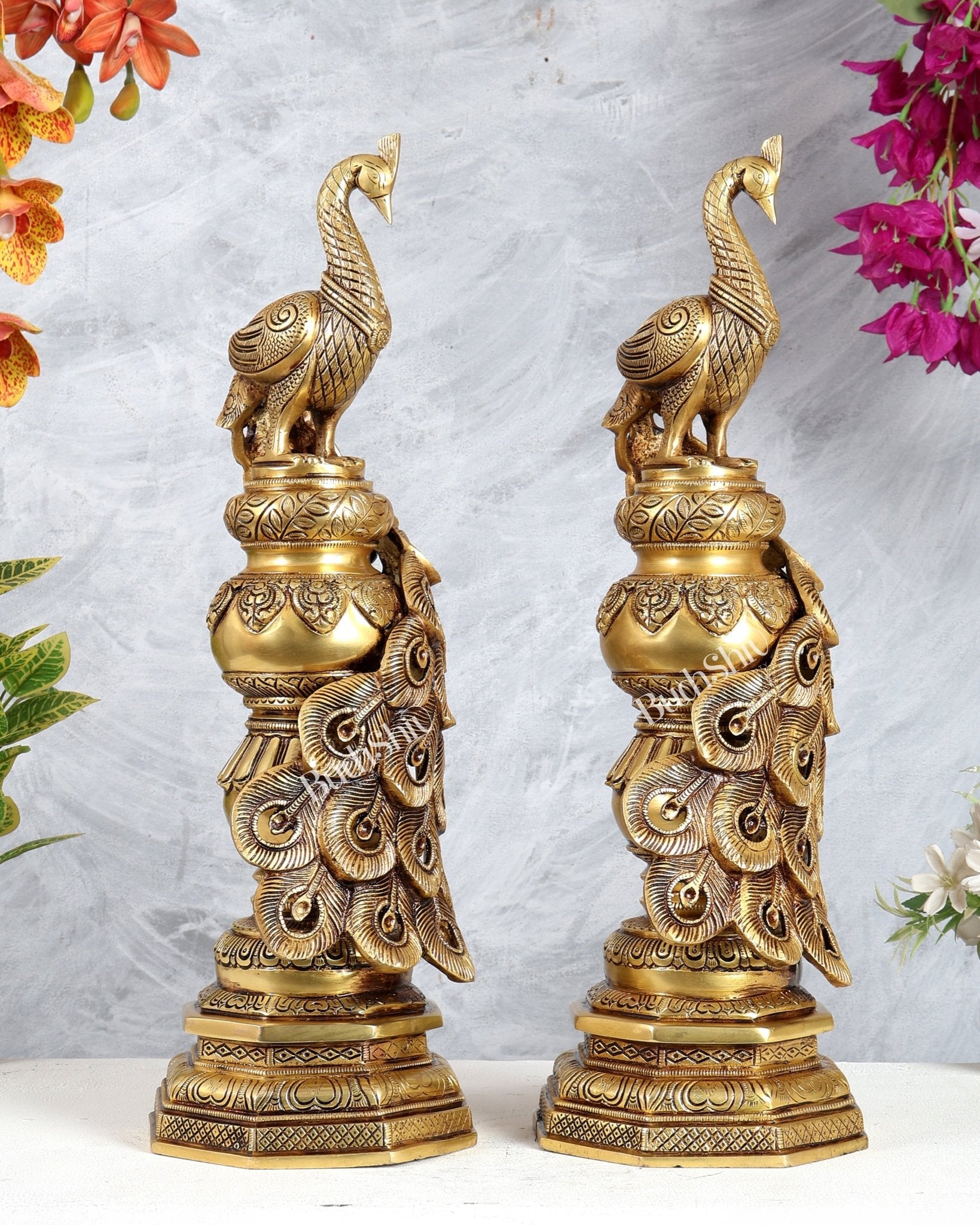 Large Brass Peacock Showpiece 20" enhanced carvings pair - Budhshiv.com