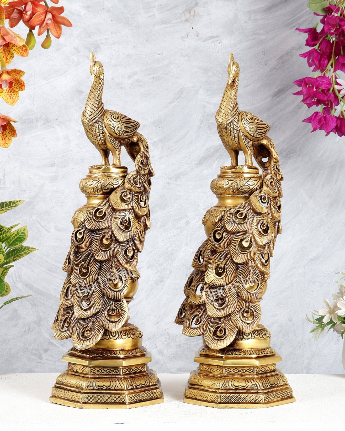 Large Brass Peacock Showpiece 20" enhanced carvings pair - Budhshiv.com