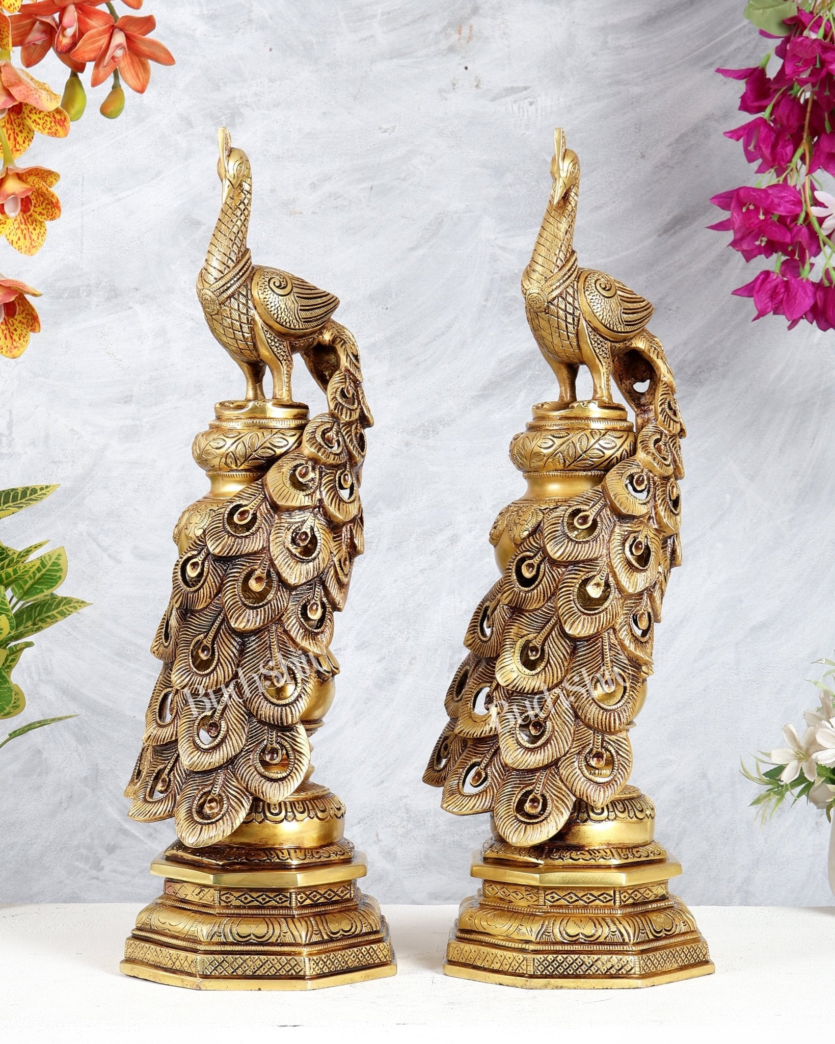 Large Brass Peacock Showpiece 20" enhanced carvings pair - Budhshiv.com