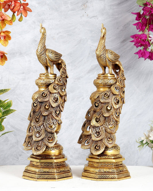 Large Brass Peacock Showpiece 20" enhanced carvings pair - Budhshiv.com