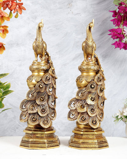 Large Brass Peacock Showpiece 20" enhanced carvings pair - Budhshiv.com