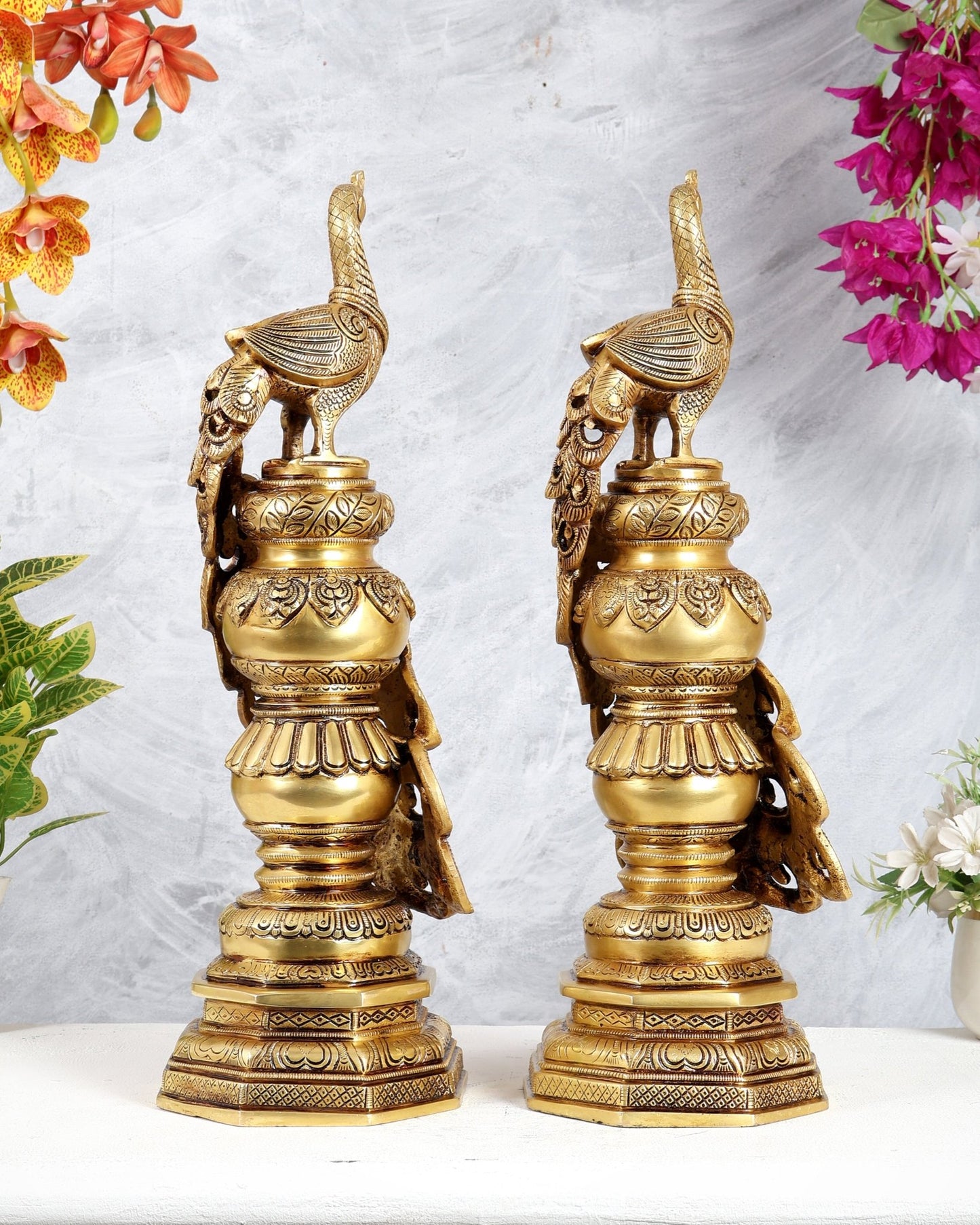 Large Brass Peacock Showpiece 20" enhanced carvings pair - Budhshiv.com