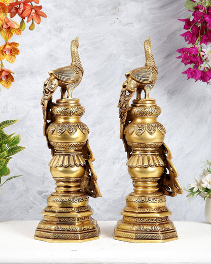 Large Brass Peacock Showpiece 20" enhanced carvings pair - Budhshiv.com