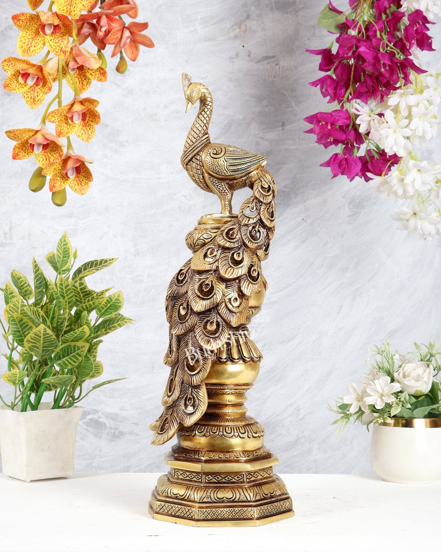Large Brass Peacock Showpiece 20" enhanced carvings - Budhshiv.com