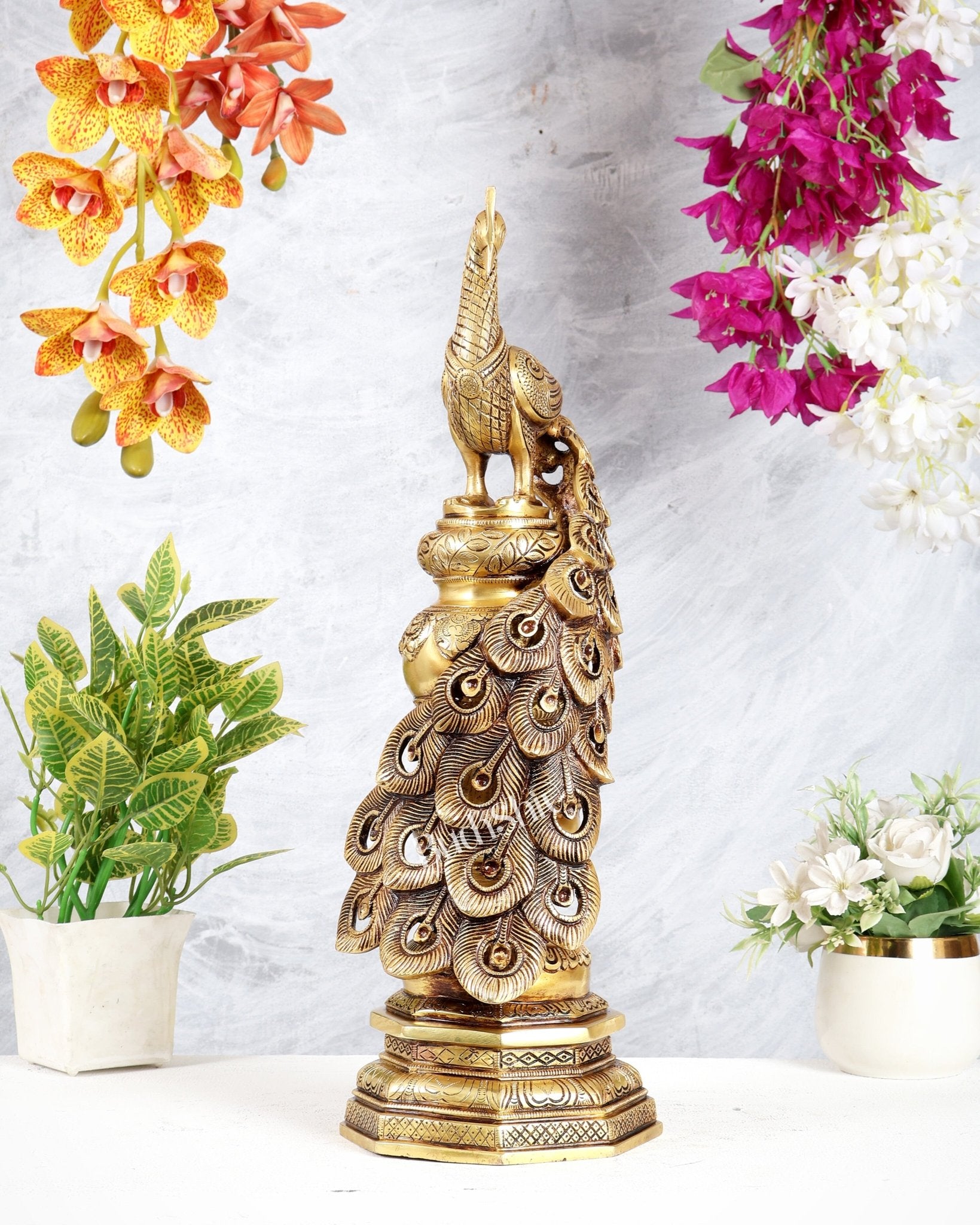 Large Brass Peacock Showpiece 20" enhanced carvings - Budhshiv.com