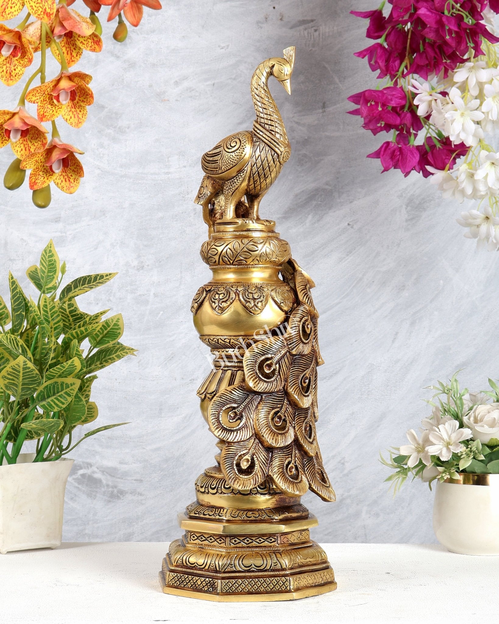Large Brass Peacock Showpiece 20" enhanced carvings - Budhshiv.com