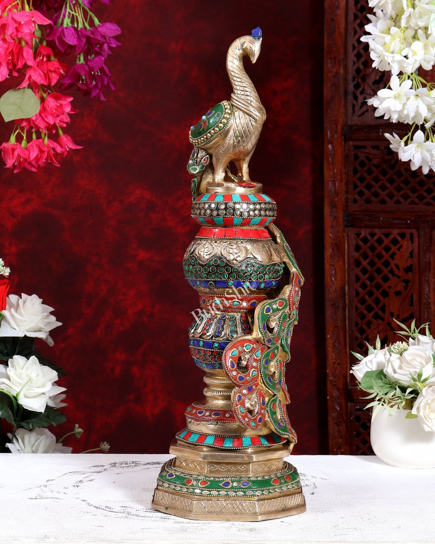 Large Brass Peacock Showpiece 20" with stonework - Budhshiv.com
