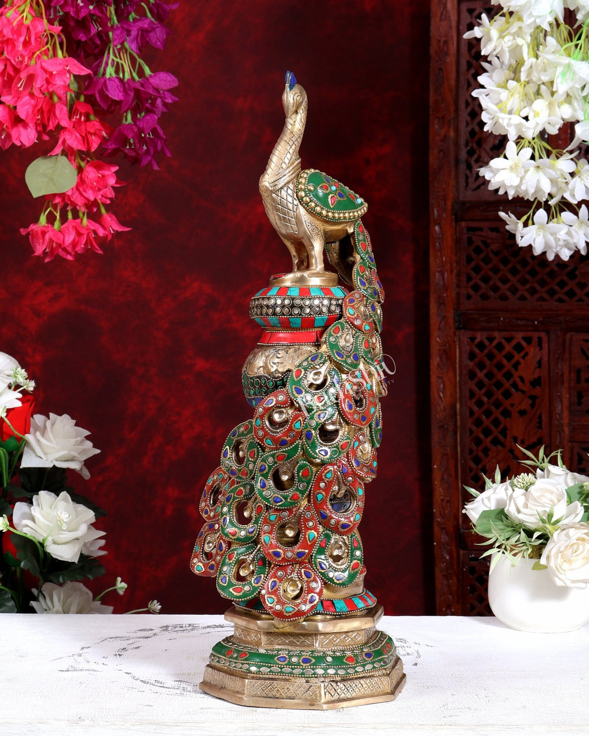 Large Brass Peacock Showpiece 20" with stonework - Budhshiv.com