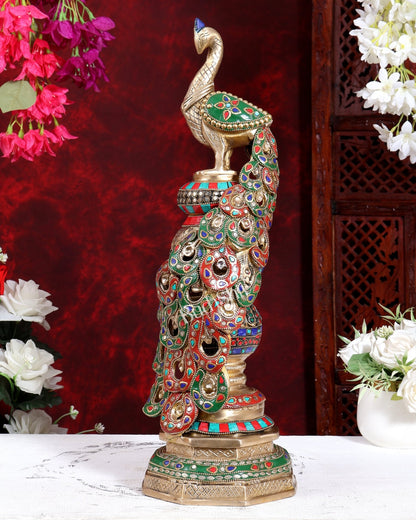 Large Brass Peacock Showpiece 20" with stonework - Budhshiv.com