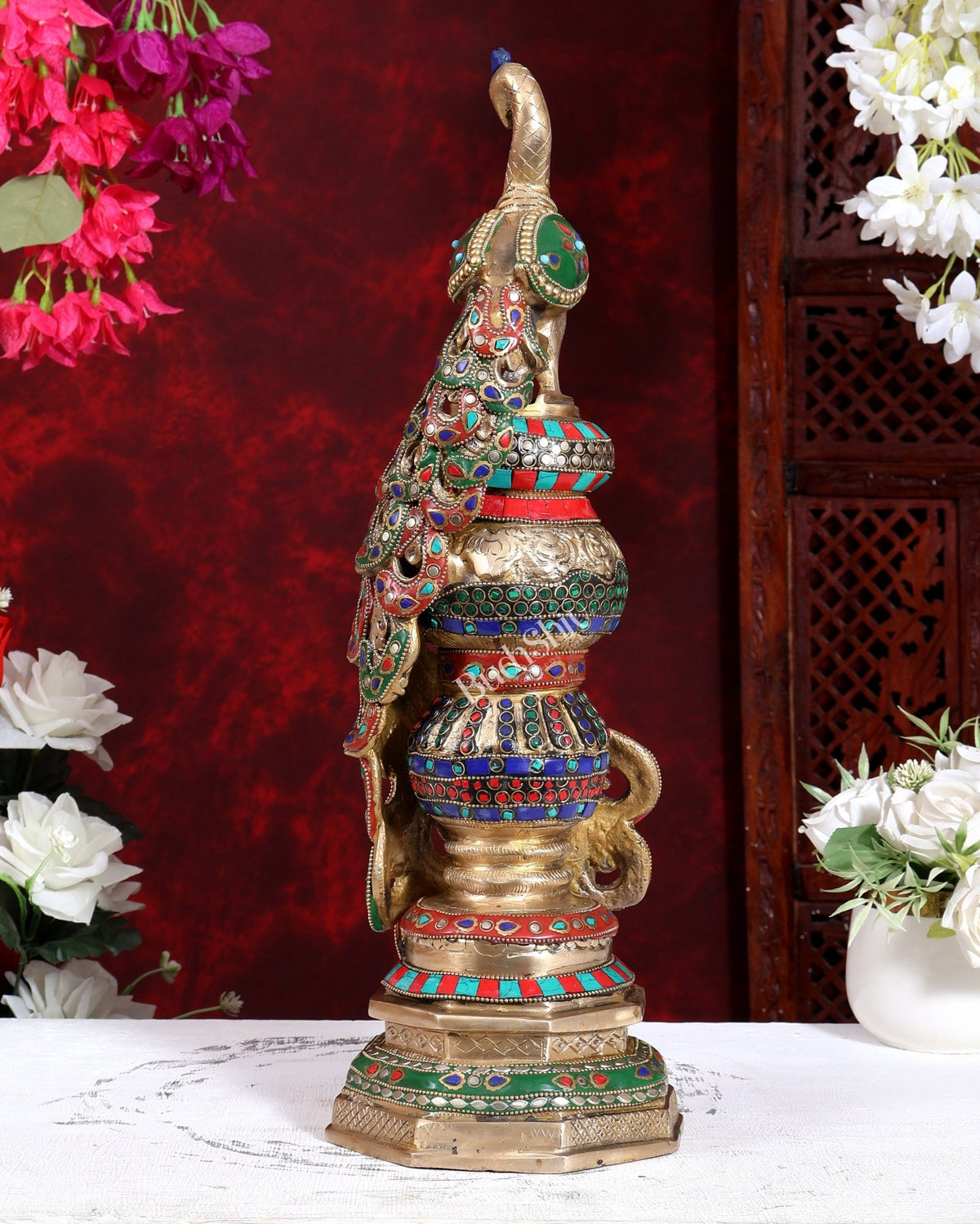 Large Brass Peacock Showpiece 20" with stonework - Budhshiv.com