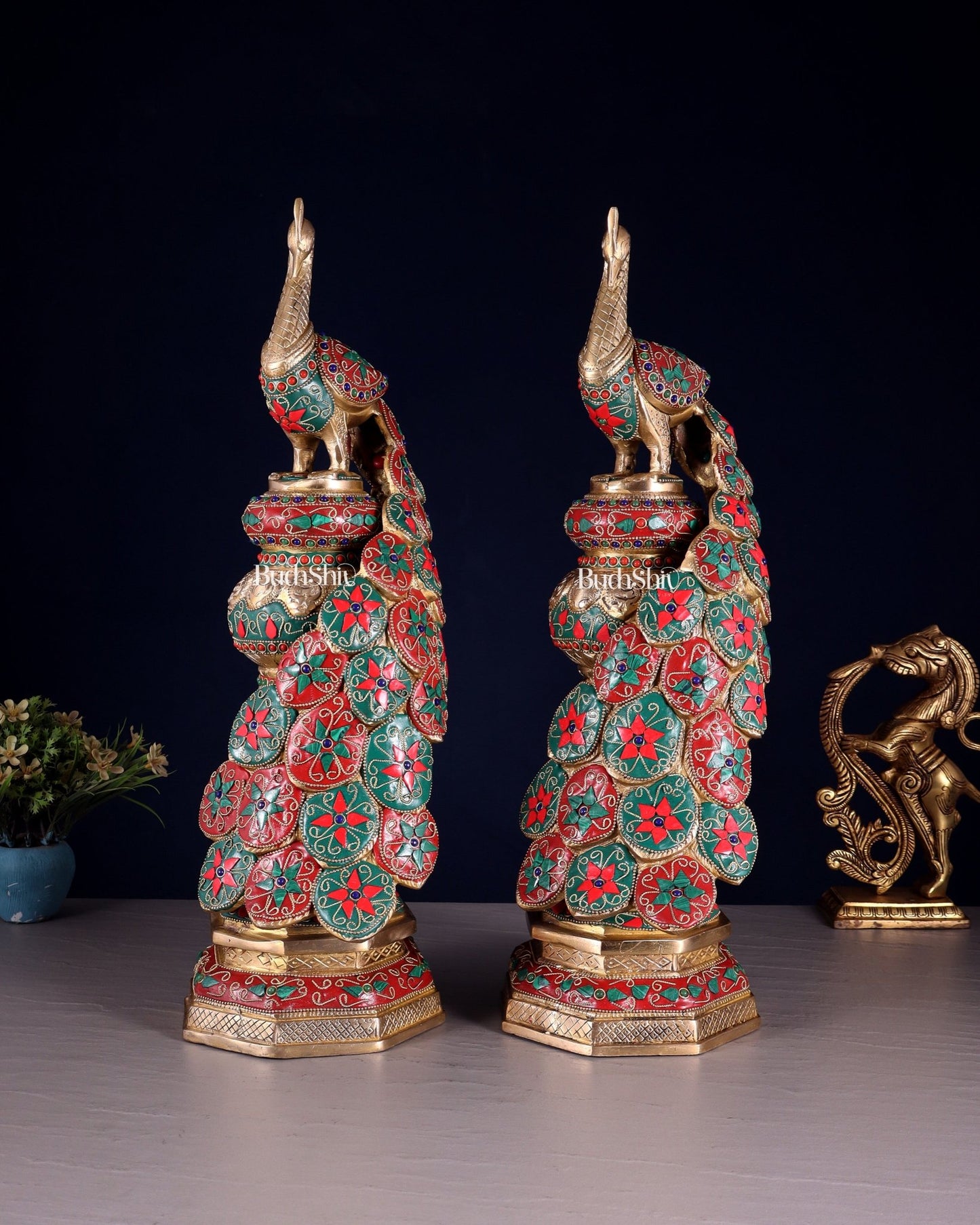 Large brass Peacock Showpiece floral stonework - 20 Inch pair - Budhshiv.com