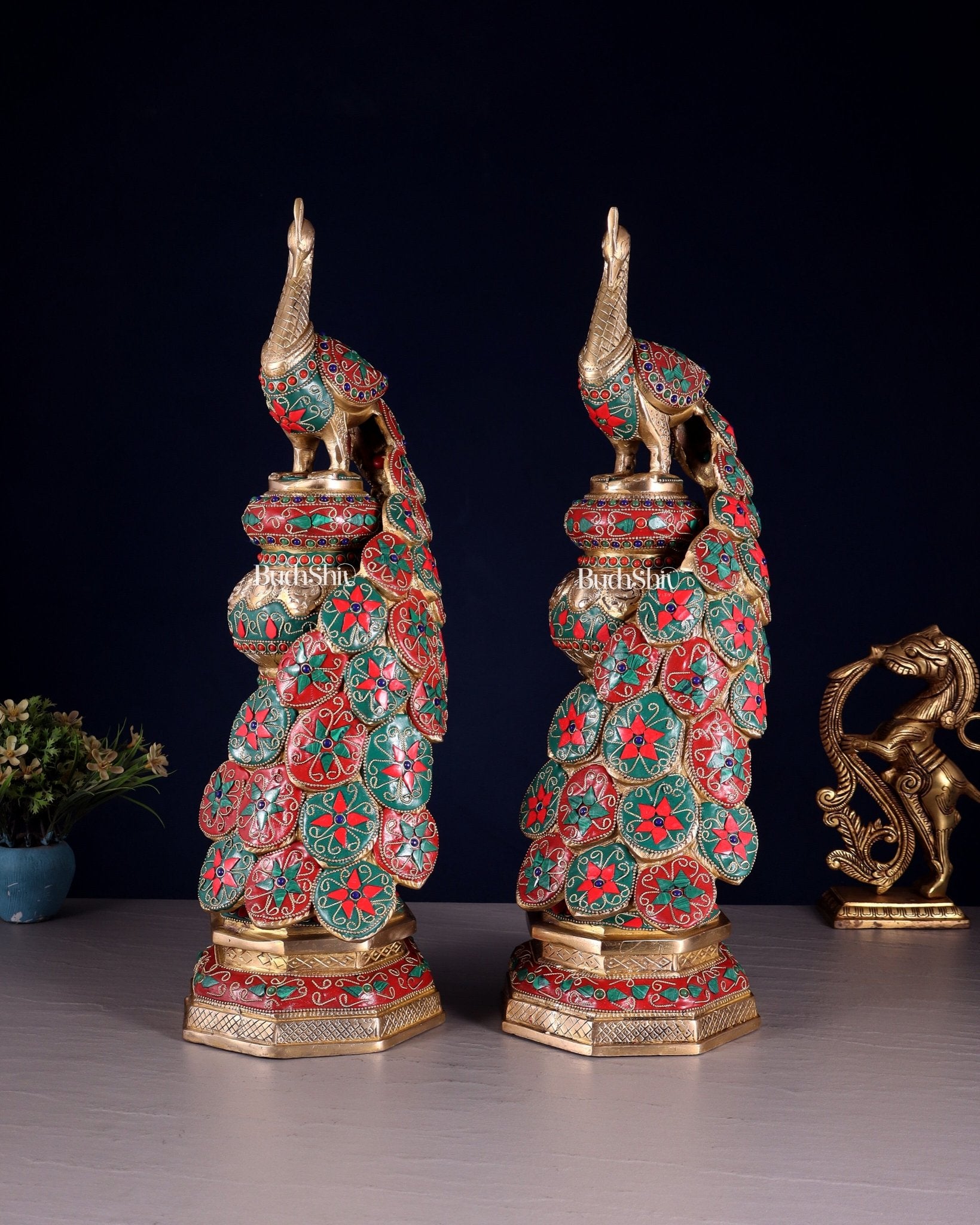 Large brass Peacock Showpiece floral stonework - 20 Inch pair - Budhshiv.com