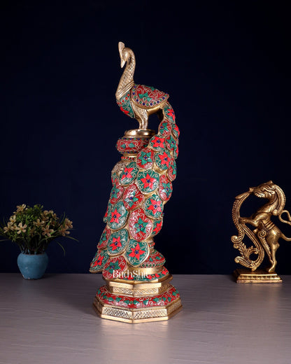 Large brass Peacock Showpiece with floral stonework - 20 Inch - Budhshiv.com
