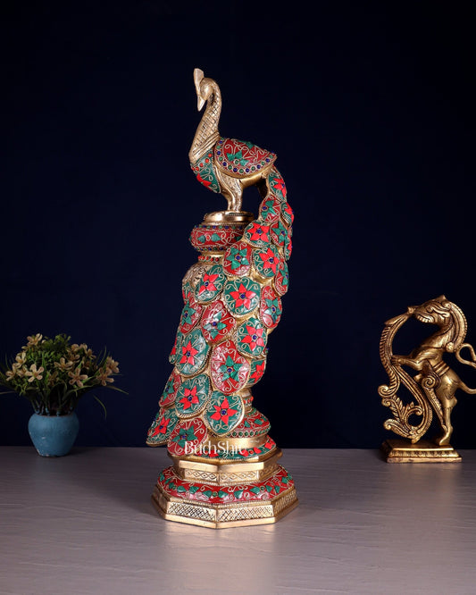 Large brass Peacock Showpiece with floral stonework - 20 Inch - Budhshiv.com