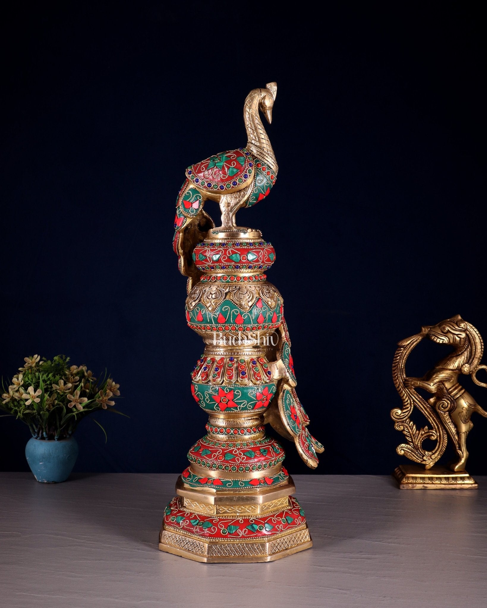 Large brass Peacock Showpiece with floral stonework - 20 Inch - Budhshiv.com