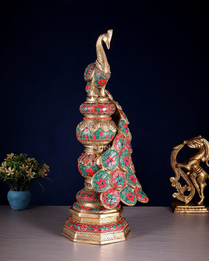 Large brass Peacock Showpiece with floral stonework - 20 Inch - Budhshiv.com