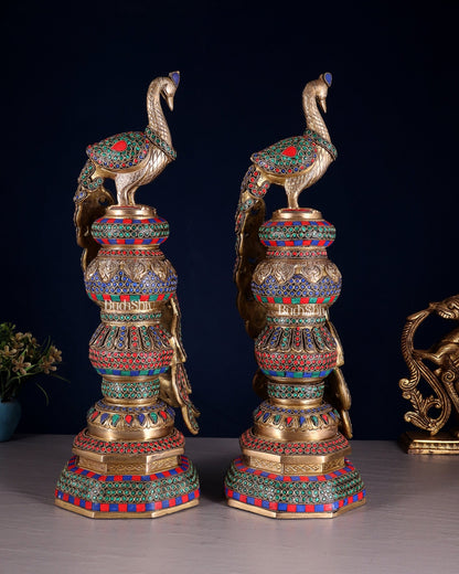 Large brass Peacock Showpiece with ring stonework - 20 Inch pair - Budhshiv.com