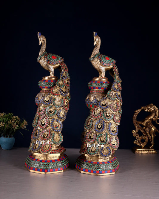 Large brass Peacock Showpiece with ring stonework - 20 Inch pair - Budhshiv.com