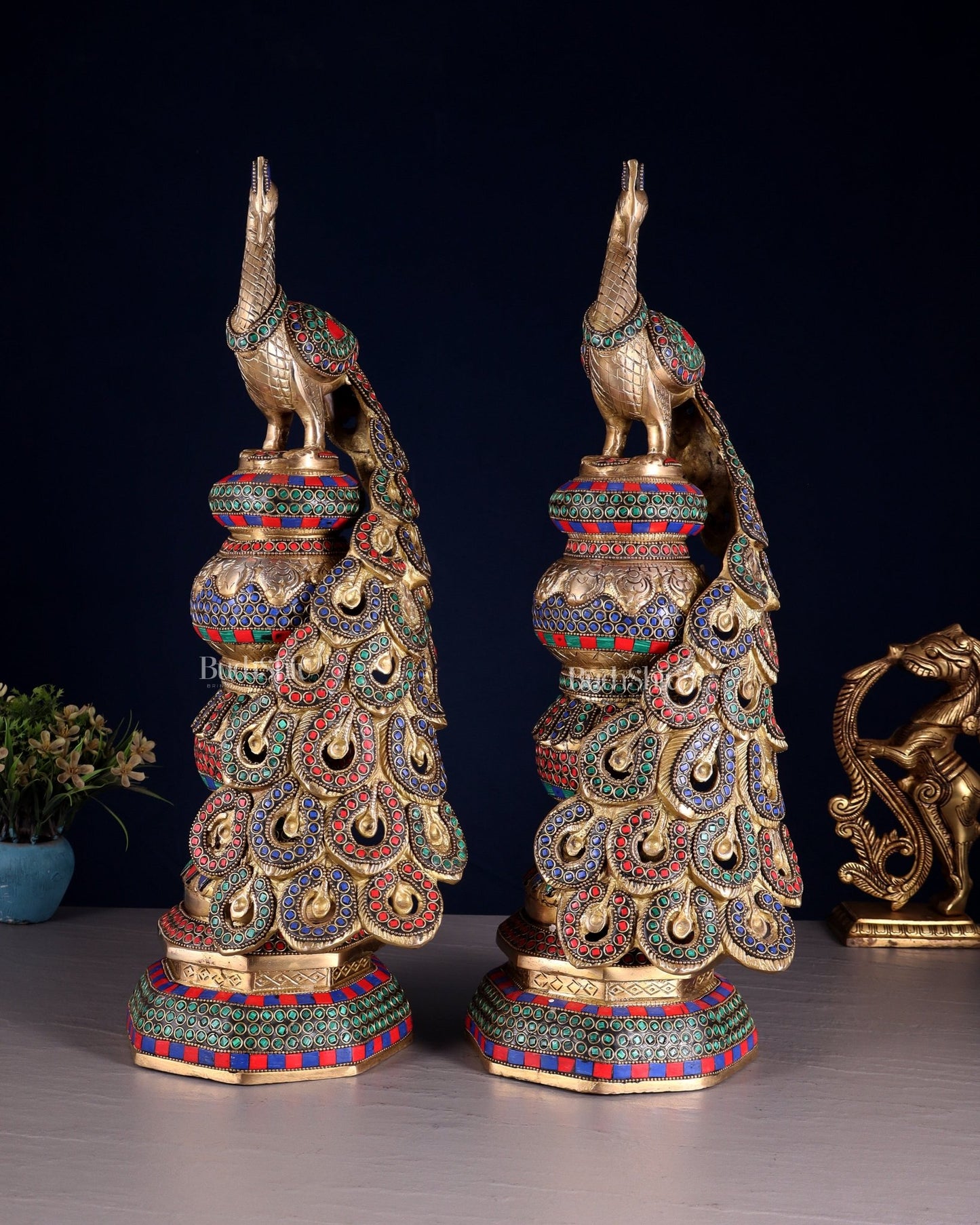 Large brass Peacock Showpiece with ring stonework - 20 Inch pair - Budhshiv.com