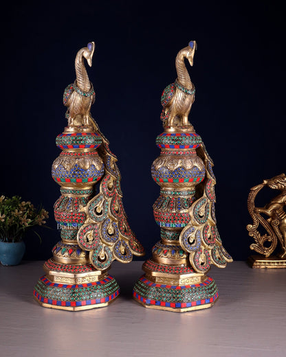 Large brass Peacock Showpiece with ring stonework - 20 Inch pair - Budhshiv.com
