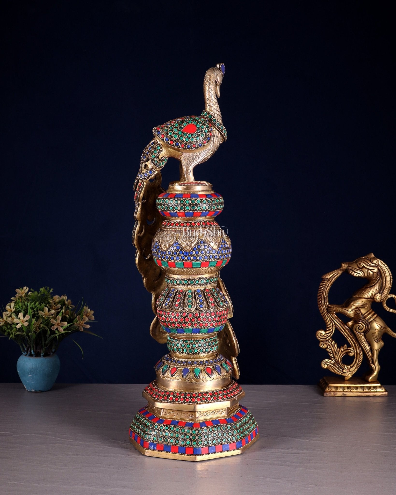 Large brass Peacock Showpiece with ring stonework - 20 Inch - Budhshiv.com